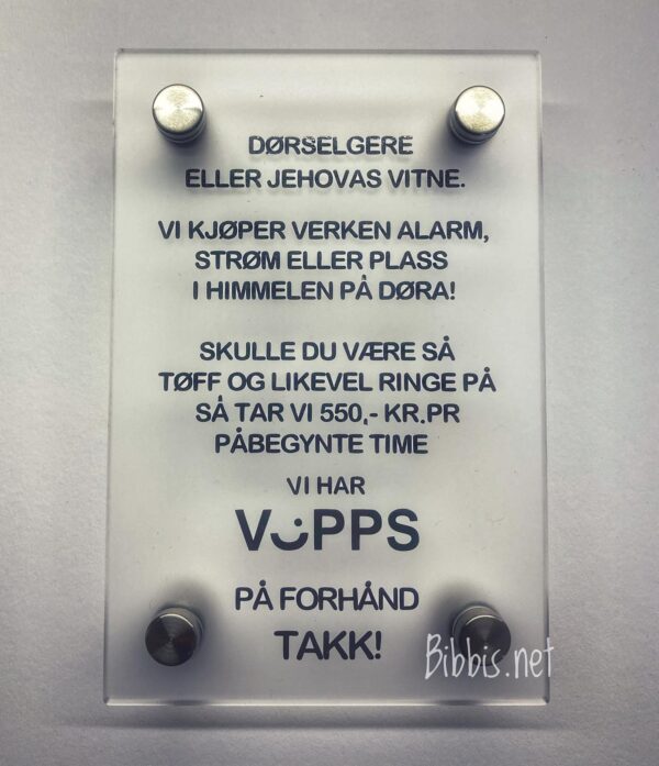 Skilt for dørselgere/predikanter