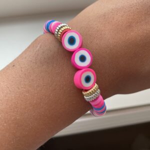 Det onde øye rosa, blå og hvit armbånd med clay beads🧿🩷🤍