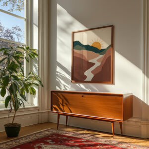 Boho plakat med abstrakt solnedgang og fjell i retro stil. Minimalistisk veggkunst som gir hjemmet ditt varme, ro og nordisk boho stemning.