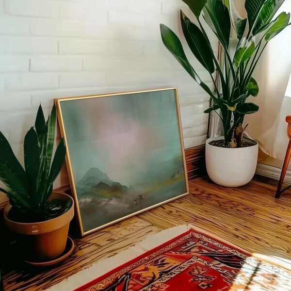 Fjellro" formidler en følelse av stillhet og harmoni i naturen. Myke tåkeslør danser over fjellene, mens landskapet bader i duse, naturlige fargetoner. I forgrunnen vandrer rådyr rolig gjennom terrenget, som symboler på frihet og balanse. Bildet innbyr til ro og ettertanke, der fjellenes tidløse tilstedeværelse møter den lette bevegelsen i naturen. En skildring av naturens skjønnhet og fredelige energi.