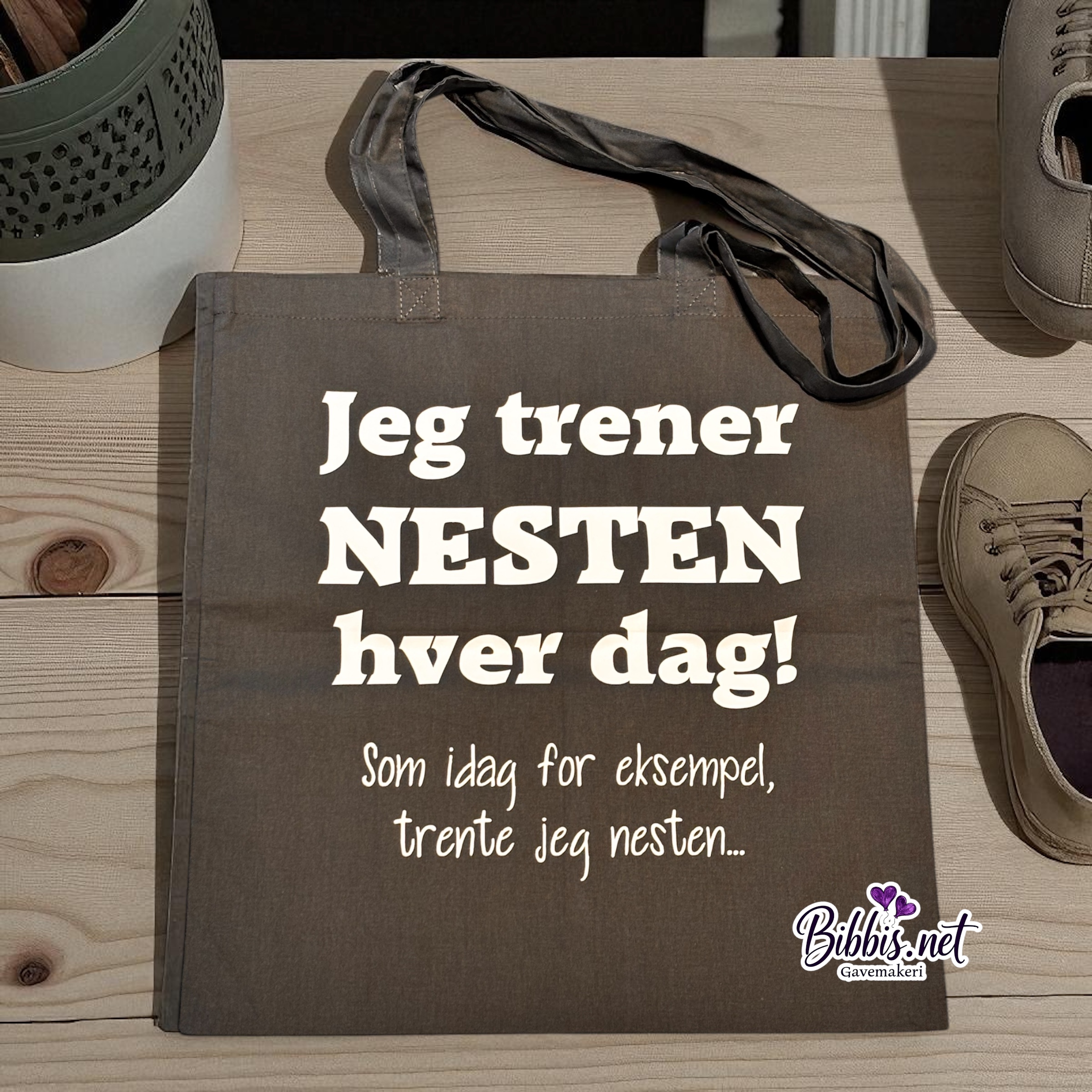 Tøynett med artig tekst om trening