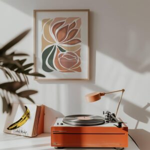 Abstrakt blomster kunstprint i terrakotta og grønne jordtoner i minimalistisk skandinavisk interiør