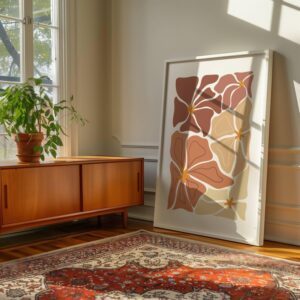 Abstrakt blomster kunstprint i terrakotta og grønne jordtoner i minimalistisk skandinavisk interiør