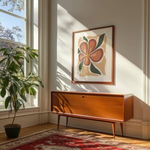 Abstrakt blomster kunstprint i terrakotta og grønne jordtoner i minimalistisk skandinavisk interiør